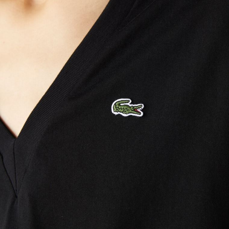 Lacoste V-Neck Premium Pamuklu T-shirt Siyah | JX8ROzTo