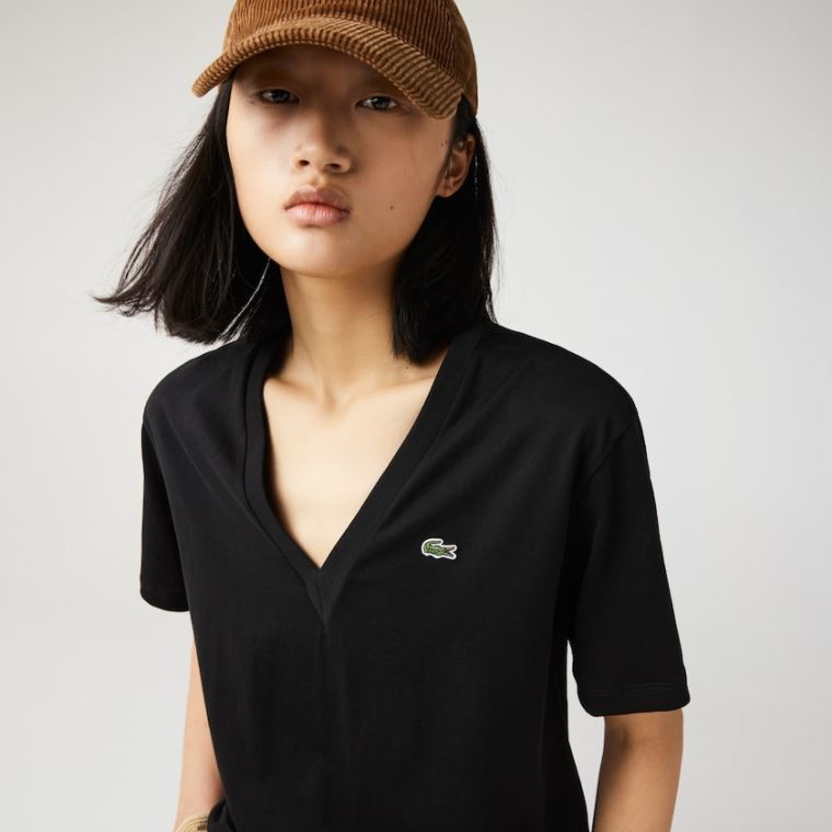 Lacoste V-Neck Premium Pamuklu T-shirt Siyah | JX8ROzTo