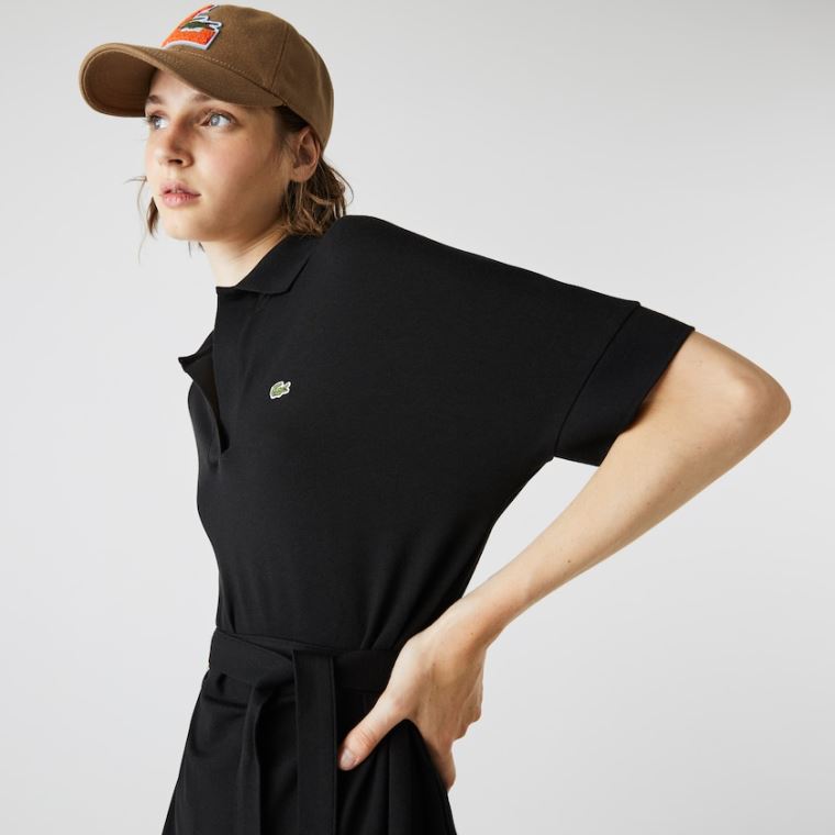 Lacoste V-neck Fitted Flowy Piqué Polo Elbise Siyah | 44vWyj54