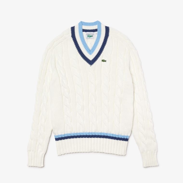 Lacoste V-neck Striped-Trim Cable-Knit Kazak Beyaz Mavi | bxK954CR