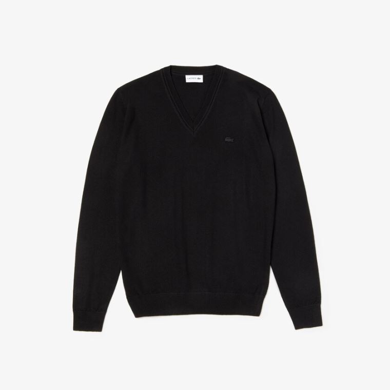 Lacoste V-neck Wool Jersey Kazak Siyah | VWLrOSkv