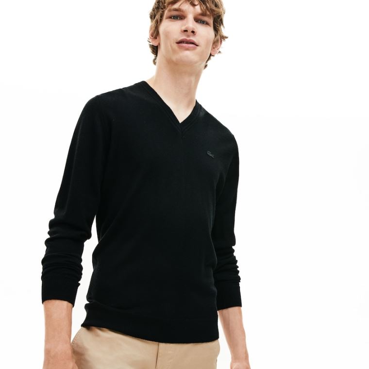 Lacoste V-neck Wool Jersey Kazak Siyah | VWLrOSkv