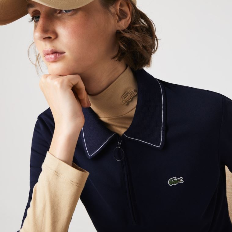 Lacoste Zippered Kısa Stretch Pamuklu Piqué Polo Elbise Lacivert Mavi Beyaz | Le3gUXhZ