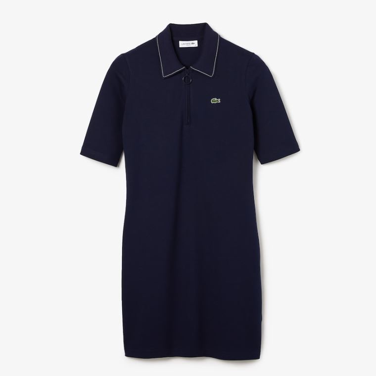 Lacoste Zippered Kısa Stretch Pamuklu Piqué Polo Elbise Lacivert Mavi Beyaz | Le3gUXhZ