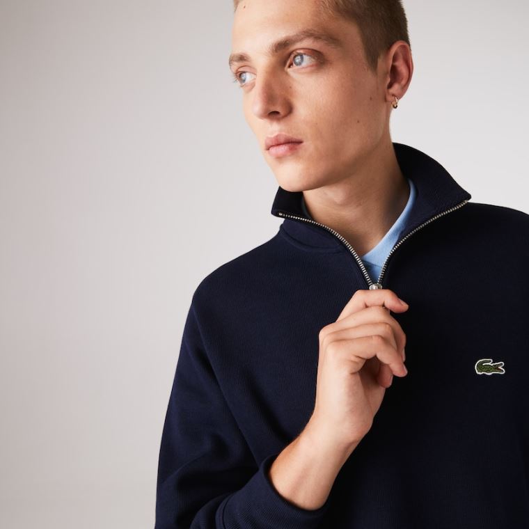 Lacoste Zippered Stand-Up Collar Pamuklu Sweatshirt Lacivert Mavi | 6l3uwESk