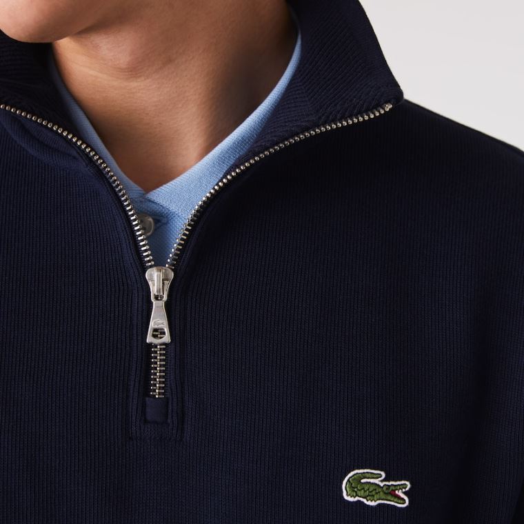 Lacoste Zippered Stand-Up Collar Pamuklu Sweatshirt Lacivert Mavi | 6l3uwESk