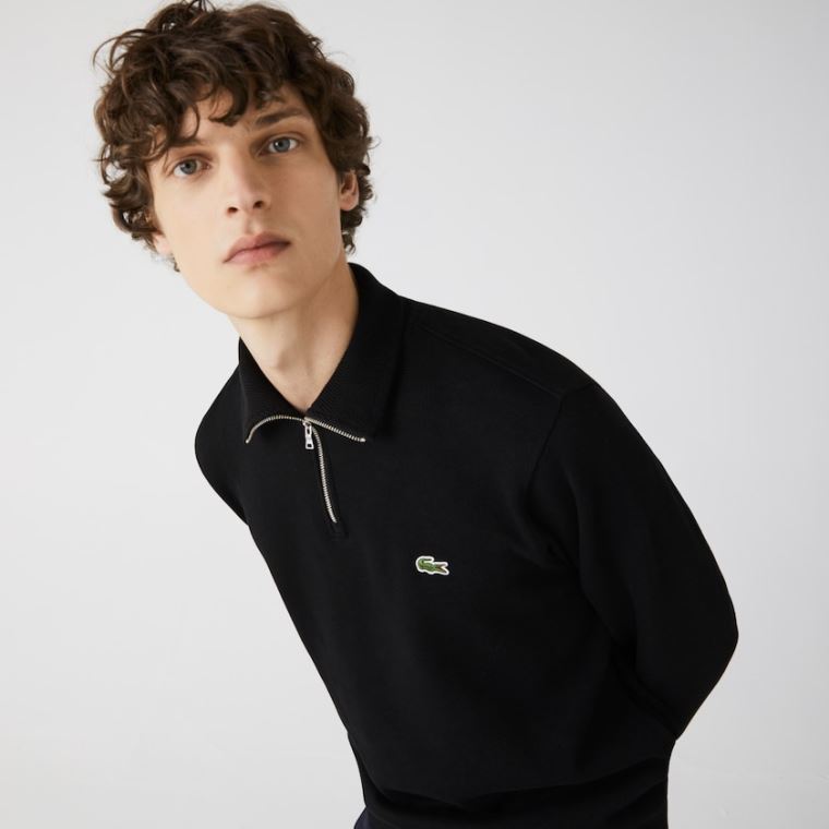 Lacoste Zippered Stand-Up Collar Pamuklu Sweatshirt Siyah | ZGyqyf8e